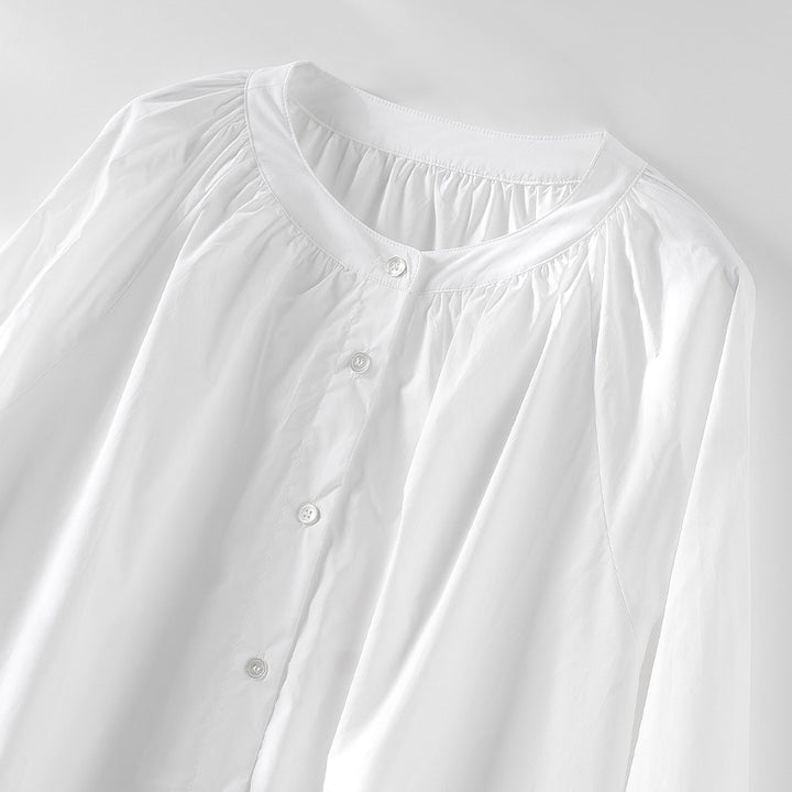 Women's blouse with gathered round neckline and continuous button placket Mune Fashion
