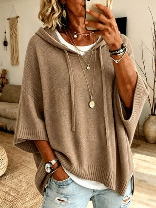 Women's oversized knit poncho with hood and short sleeves Mune Fashion
