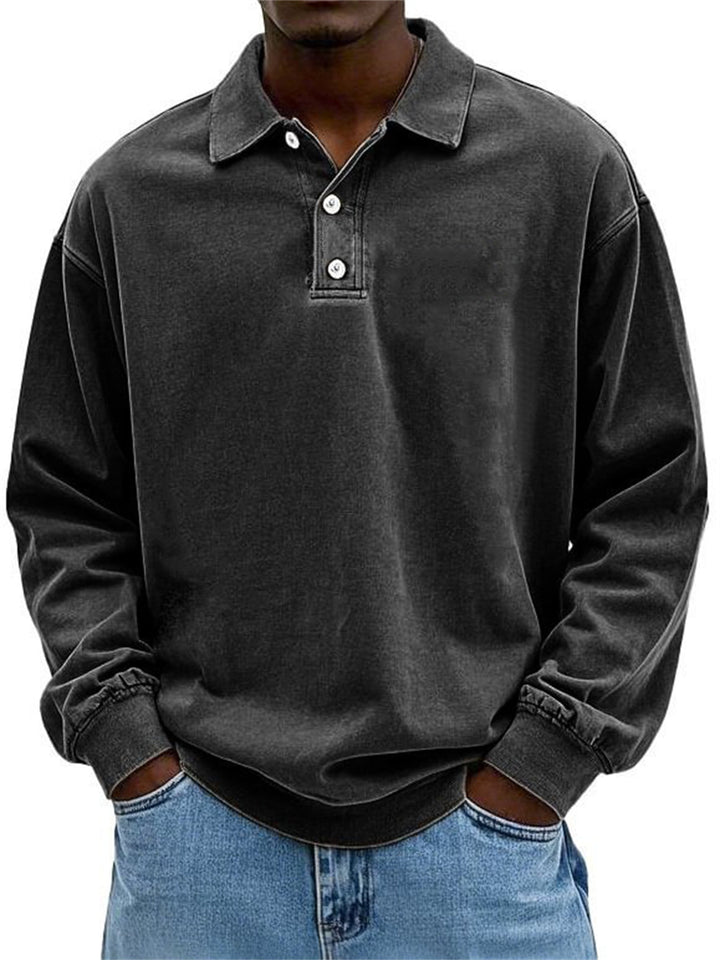 Men's Oversize Denim Look Polo Sweatshirt with Short Button Placket and Elastic Cuffs EB