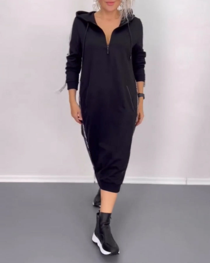 Women's ankle-length hooded sweatshirt dress with half zip, kangaroo pockets and side decorative piping Mune Fashion