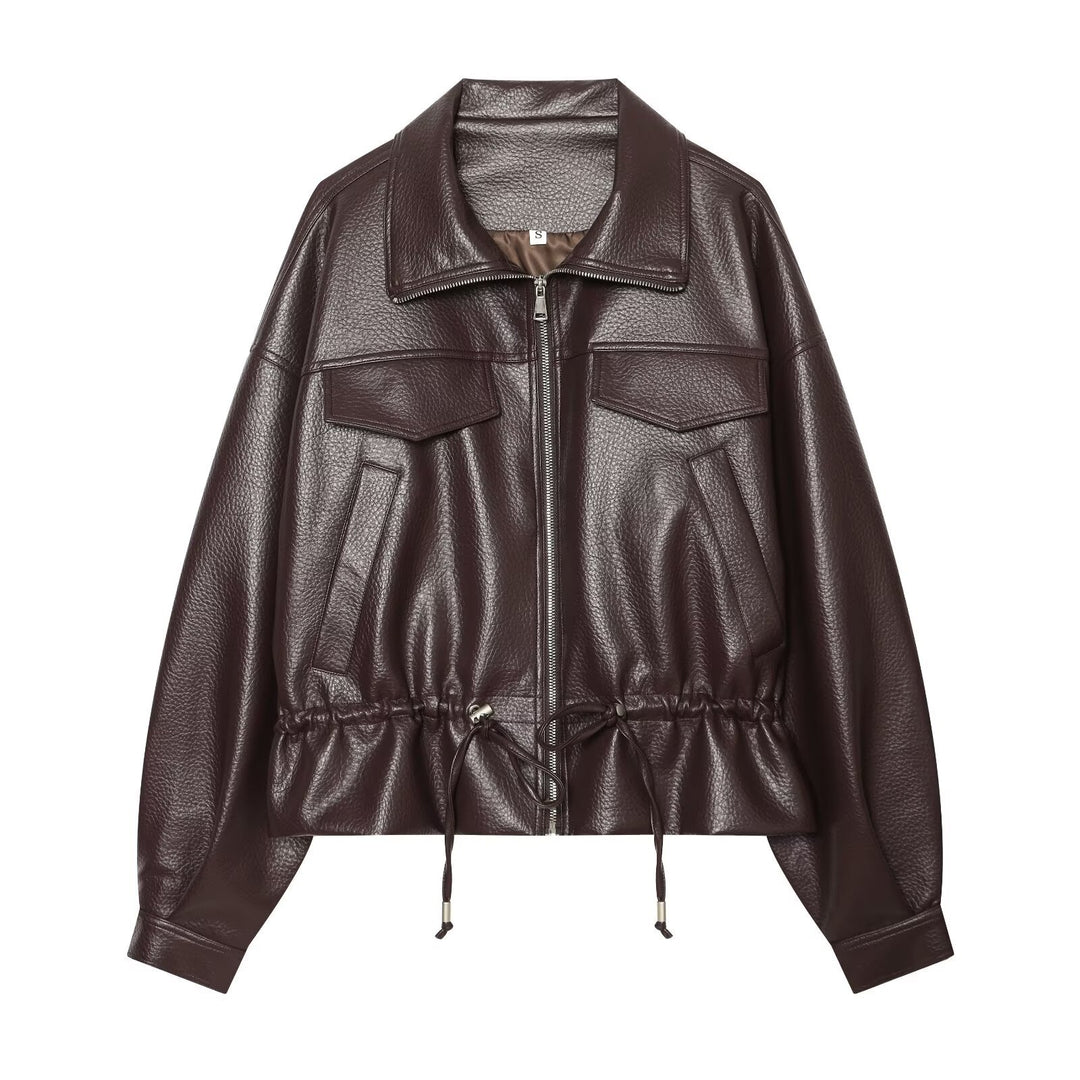 Ladies short jacket made of embossed artificial leather with drawstring waist and flap pockets Drune