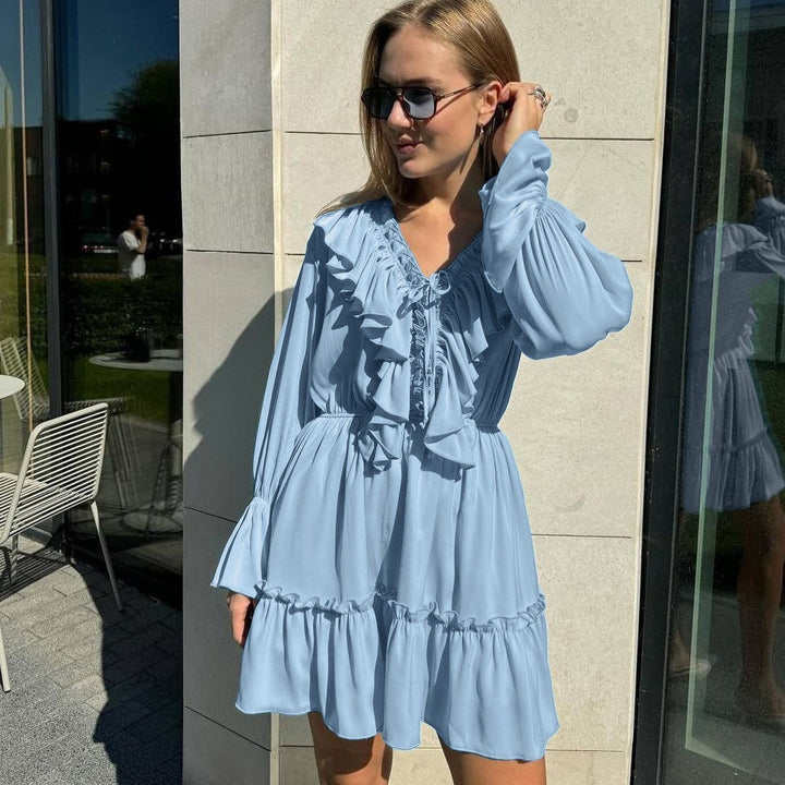 Women's Playful Ruffled Short Dress with V-Neck, Gathered Waist and Tiered Hem Mune Fashion