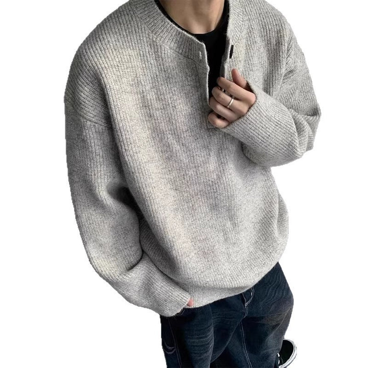 Men's Oversized Knit Sweater with Three-Button Henley Yoke Mune Fashion