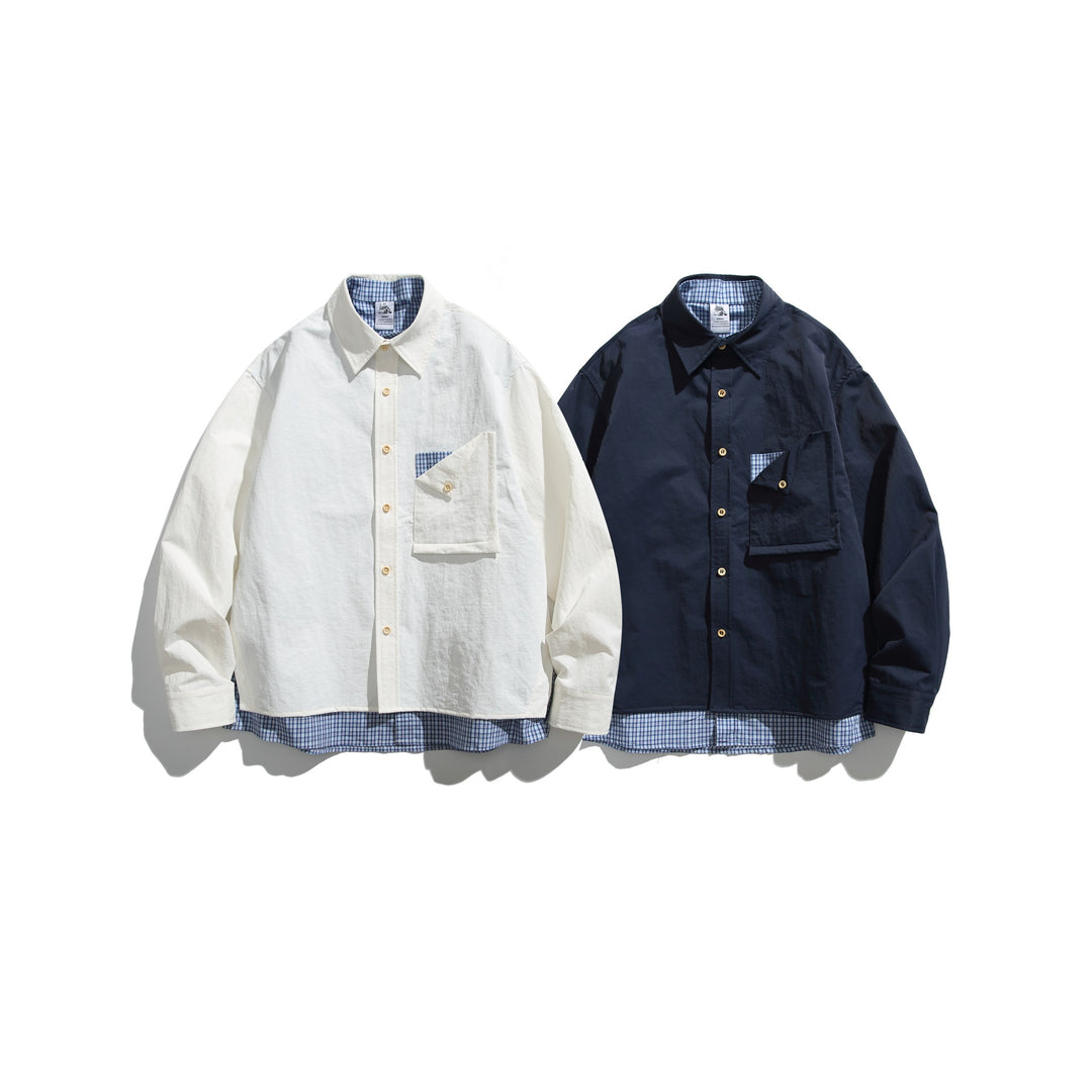 Men's Boxy Overshirt in Layer Look with checked inner lining, breast pocket and wooden buttons Mune Fashion