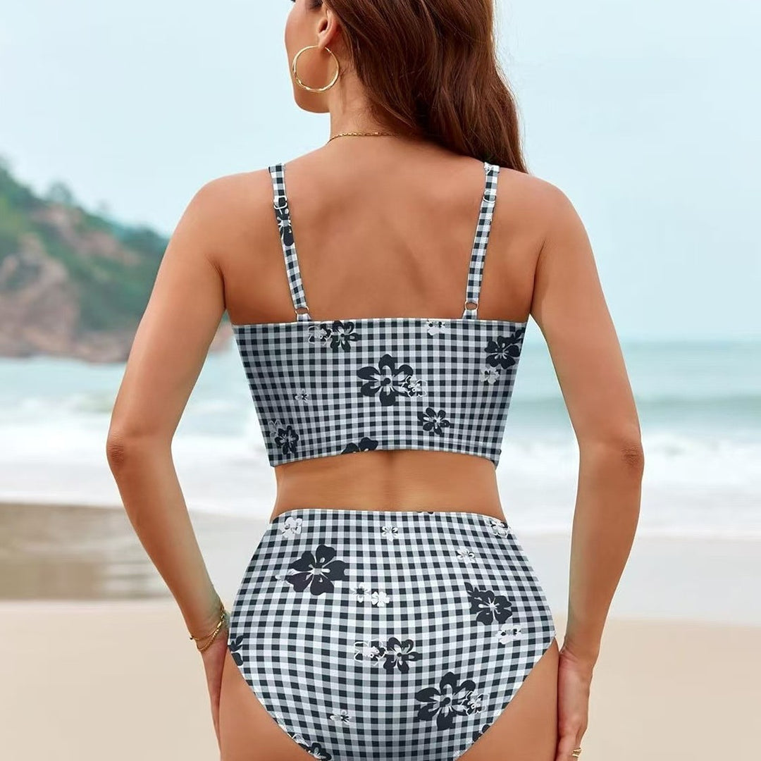 Women High-Waisted Bikini Set with Fashionable Check Pattern and Floral Accents Mune Fashion