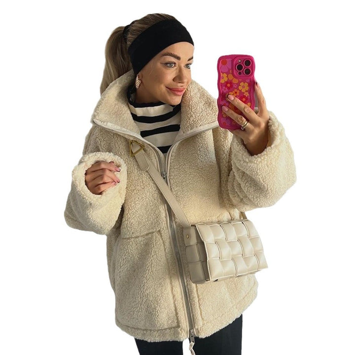 Women's Oversized Teddy-Fleece Jacket with Zipper and Stand-Up Collar Mune Fashion