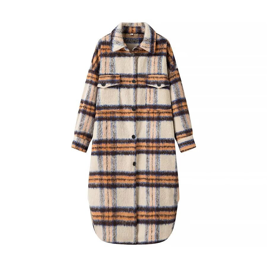 Women Longer Checked Teddy Coat in Shirt Jacket Look with Shirt Collar and Patch Pockets Mune Fashion
