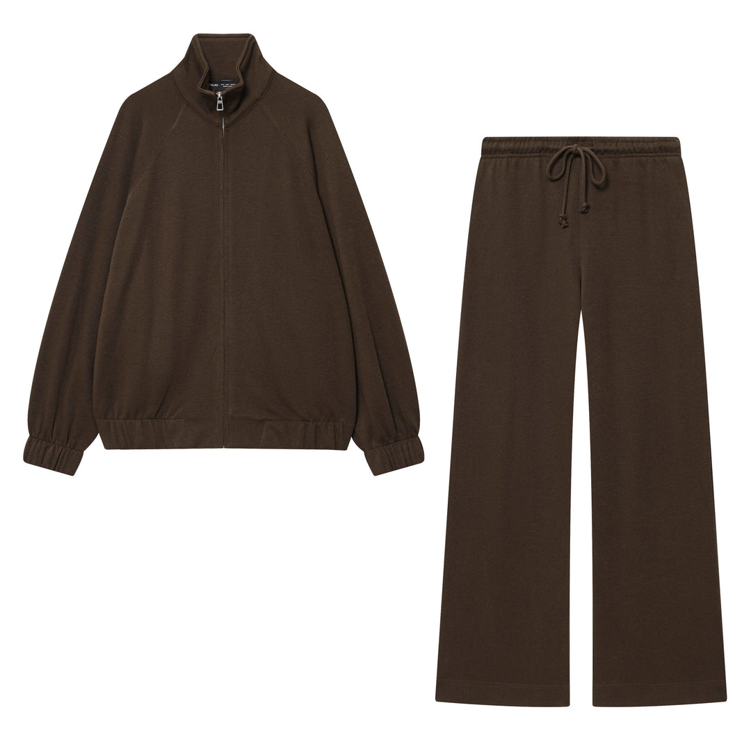 Women's casual sweatsuit two-piece with zipper stand-up collar, elastic hem, and wide high-waist pants Mune Fashion