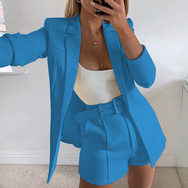 Women's Tailored Longline Blazer with High-Waisted Belt Shorts Set Mune Fashion