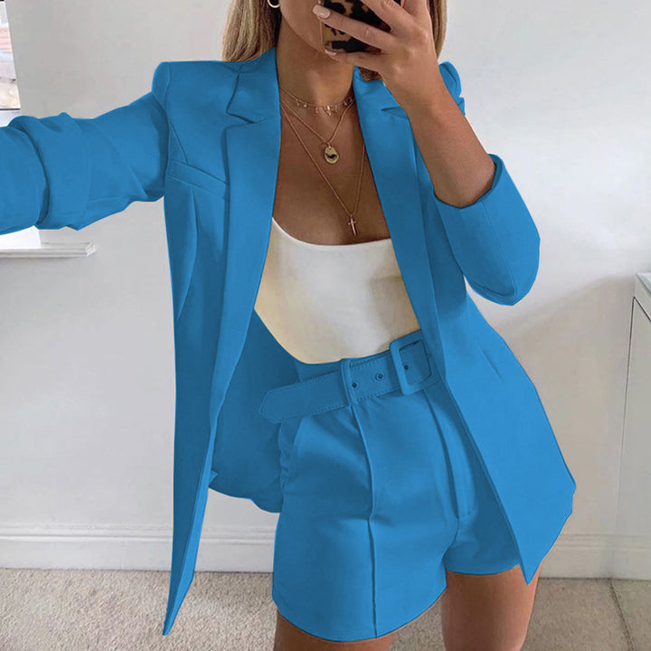 Women's Tailored Longline Blazer with High-Waisted Belt Shorts Set Mune Fashion