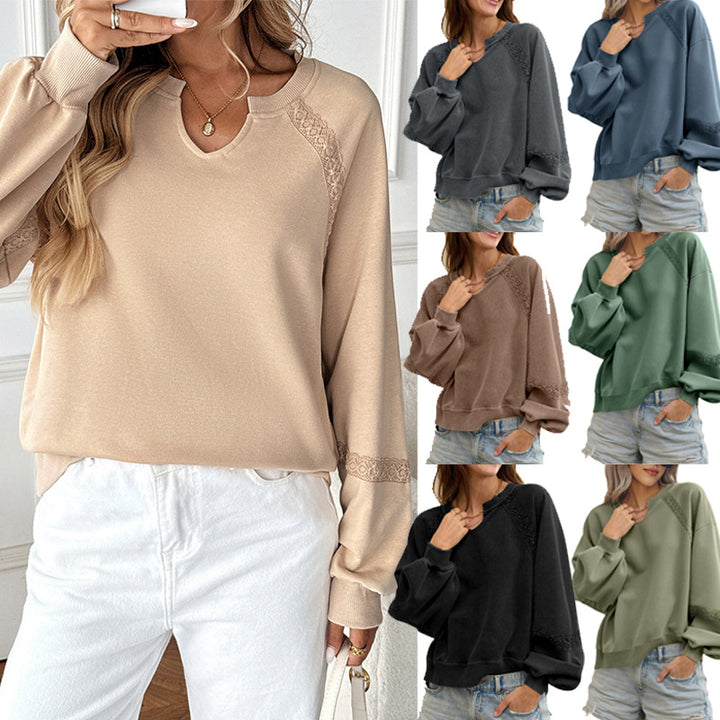 Women's Casual Sweatshirt with V-Notch, Lace Inserts and Balloon Sleeves Mune Fashion