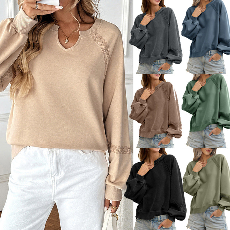 Women's sweatshirt with lace inserts, V-neck and balloon sleeves Mune Fashion