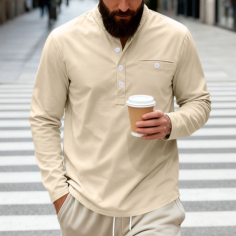 Men's long-sleeved Henley shirt with stand-up collar, breast pocket, and decorative button placket Mune Fashion
