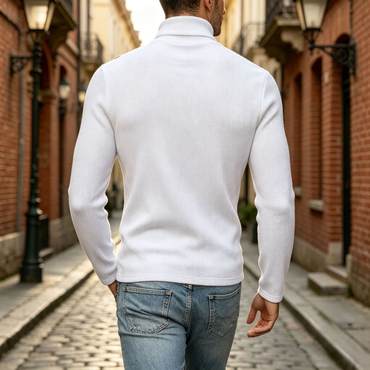 Men's Slim-Fit Turtleneck Sweater with Asymmetrical Decorative Button Placket Made of Ribbed Knit Mune Fashion