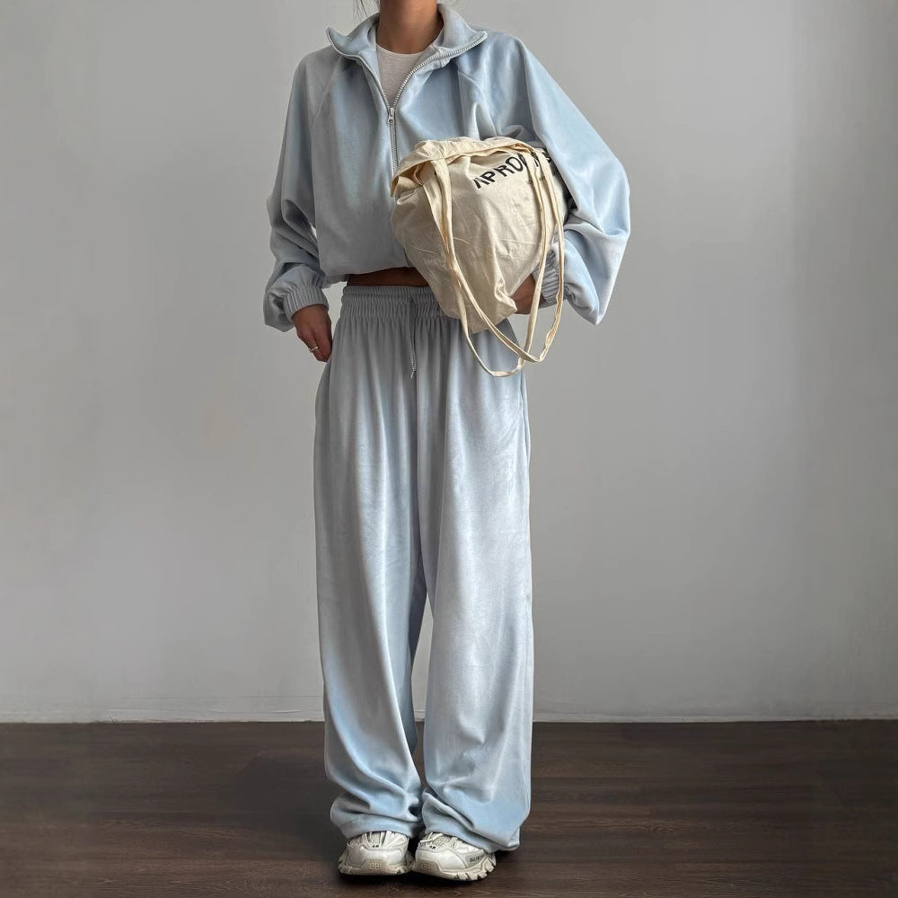 Women's Casual Lounge Two-Piece Set with Oversized Zip Jacket and Wide Leg Pants Mune Fashion
