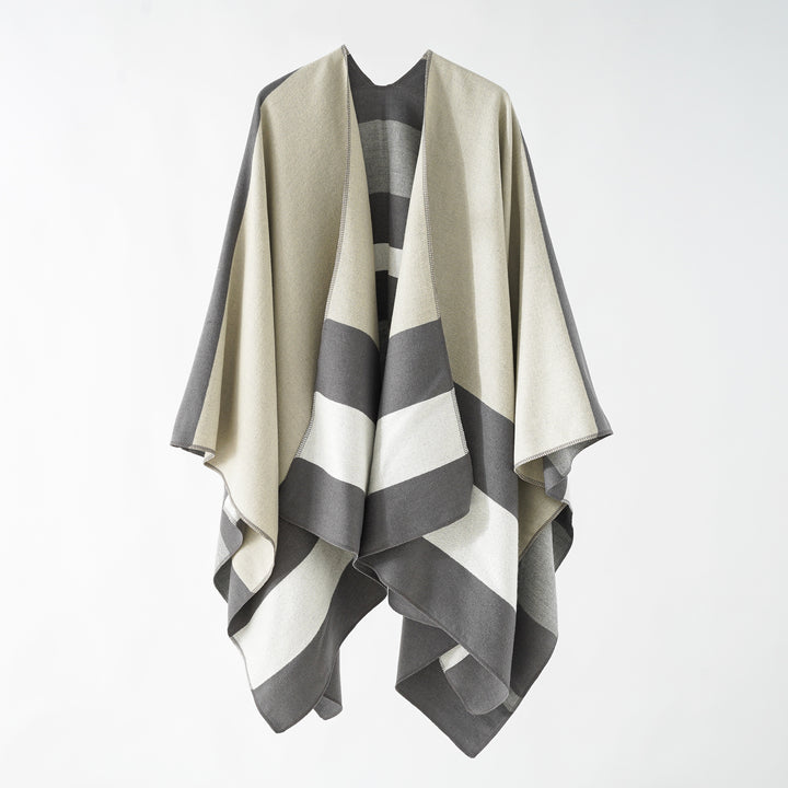 Women’s Oversize Ruana in Cape Style made of Wool Look with Geometric Block Stripes Mune Fashion