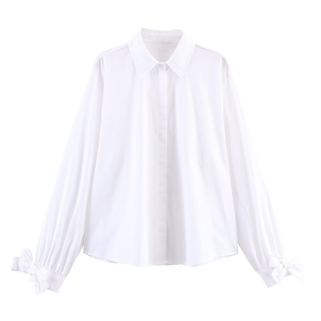 Women's oversized shirt blouse with classic collar, balloon sleeves, and bow cuffs Mune Fashion