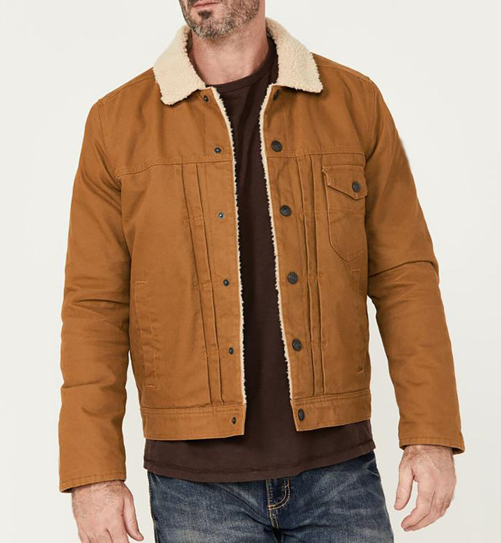 Men's Canvas Trucker Jacket with Teddy Lining and Cord Collar Mune Fashion
