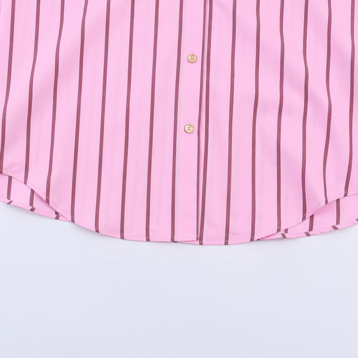 Women’s Oversize Shirt Blouse in Silk Look with Contrast Collar and Vertical Stripe Structure Mune Fashion