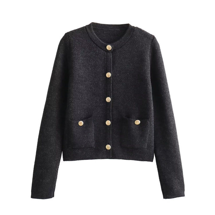Women Cropped Boucle Cardigan with Round Neck, Flap Pockets and Coin Buttons Mune Fashion