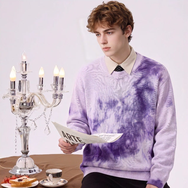 Men's Oversized Knit Sweater with Tie-Dye Look, Round Neck and Ribbed Cuffs Mune Fashion