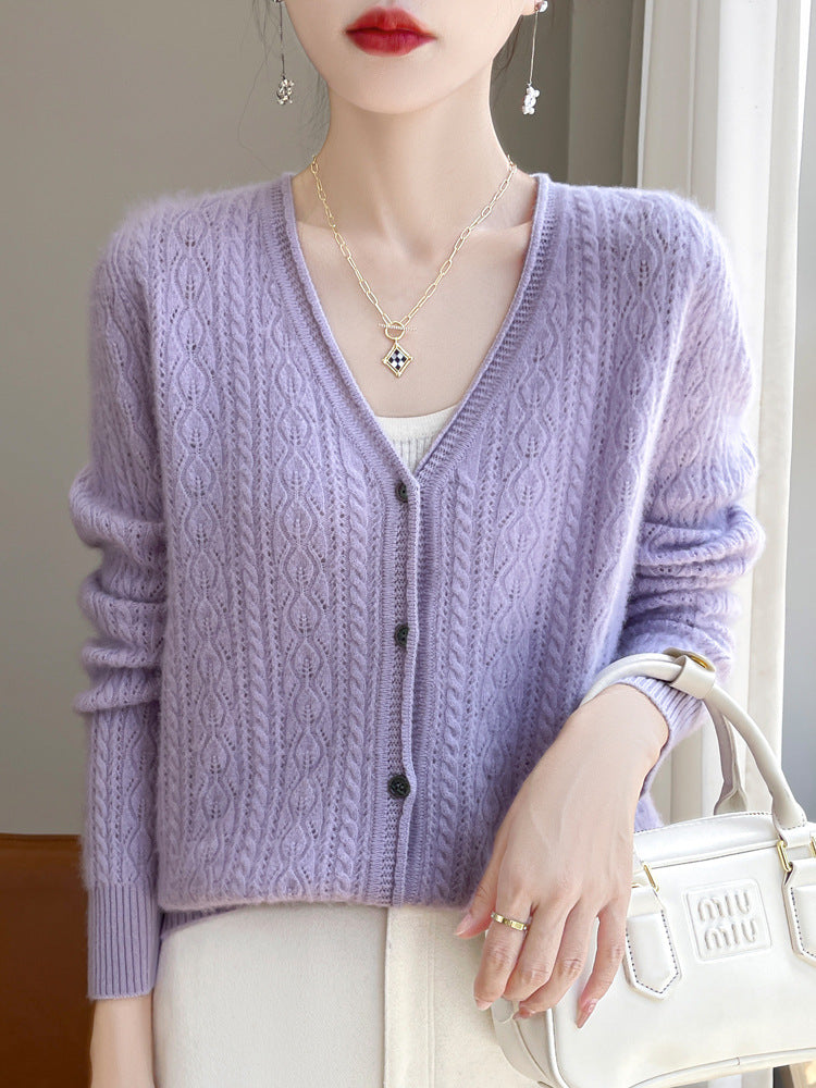 Women's Short Cable Knit Cardigan in Mohair Look with V-Neck and Ribbed Cuffs Mune Fashion