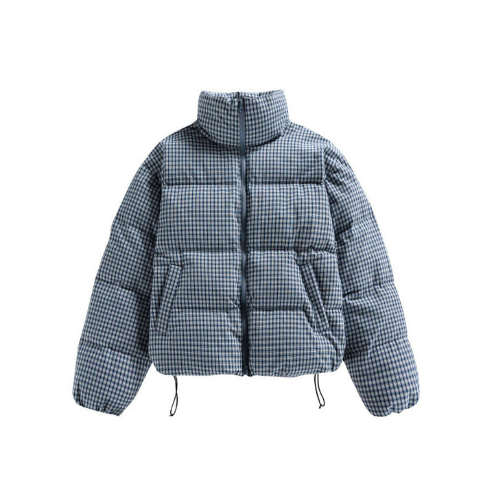 Women's short quilted jacket in check pattern with high stand-up collar and drawstring Mune Fashion