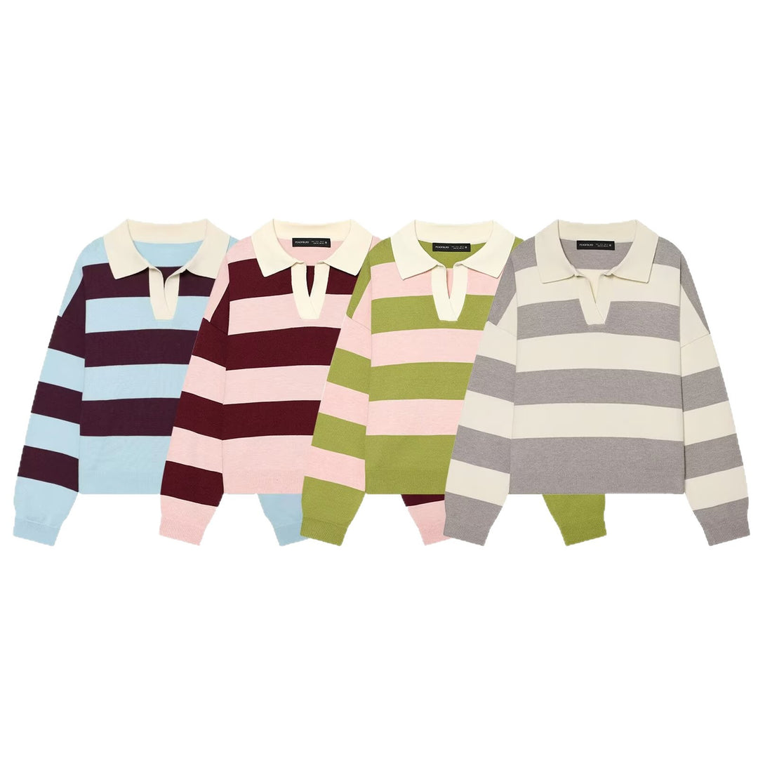 Women Oversized Rugby Sweater with Polo Collar and Wide Block Stripes Mune Fashion