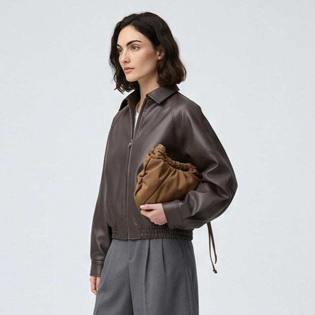 Women Boxy Cropped Faux Leather Jacket with Concealed Zipper and Elastic Hem Mune Fashion