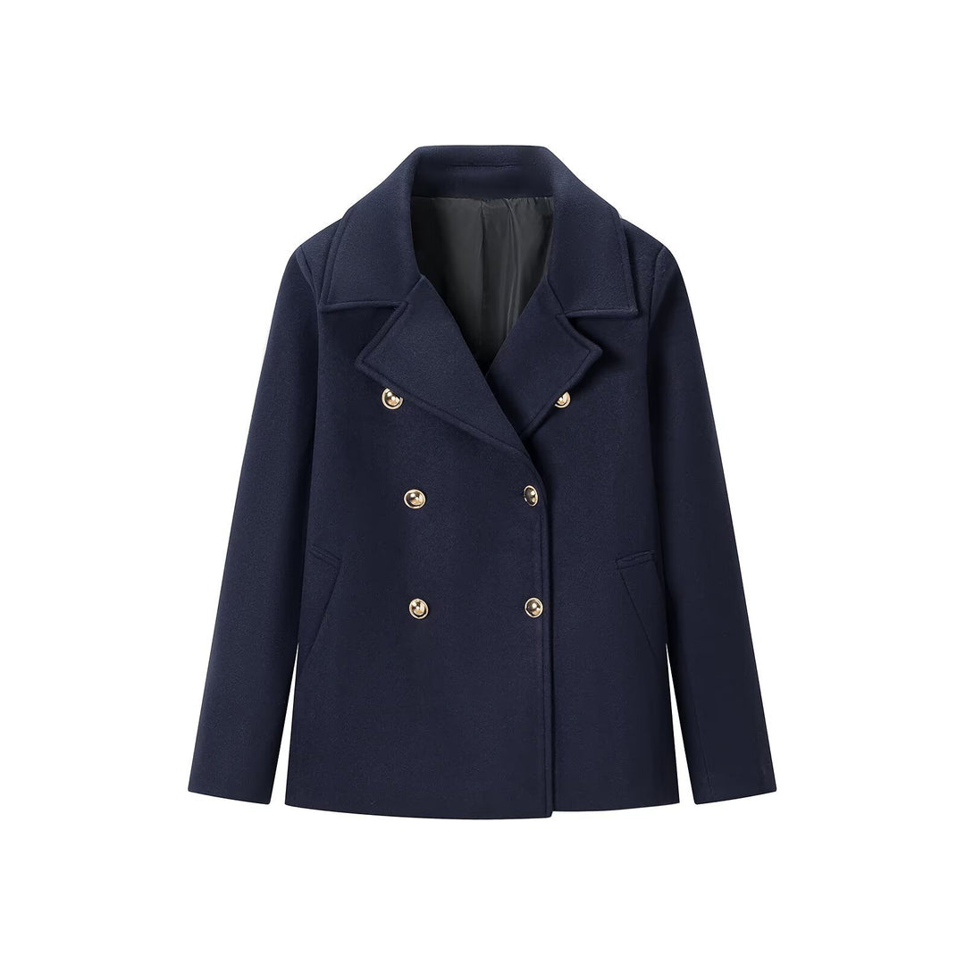 Women's Wool Blend Double-Breasted Short Coat with Decorative Buttons Mune Fashion