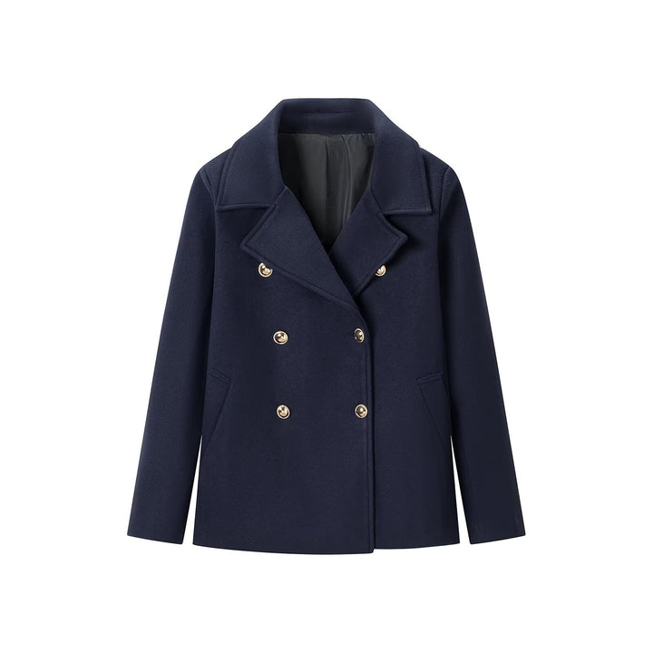 Women's Wool Blend Double-Breasted Short Coat with Decorative Buttons Mune Fashion