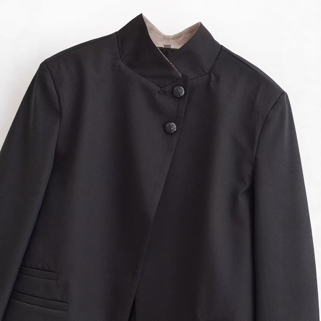 Women's Short Blazer with Stand Collar and Asymmetrical Button Placket Mune Fashion