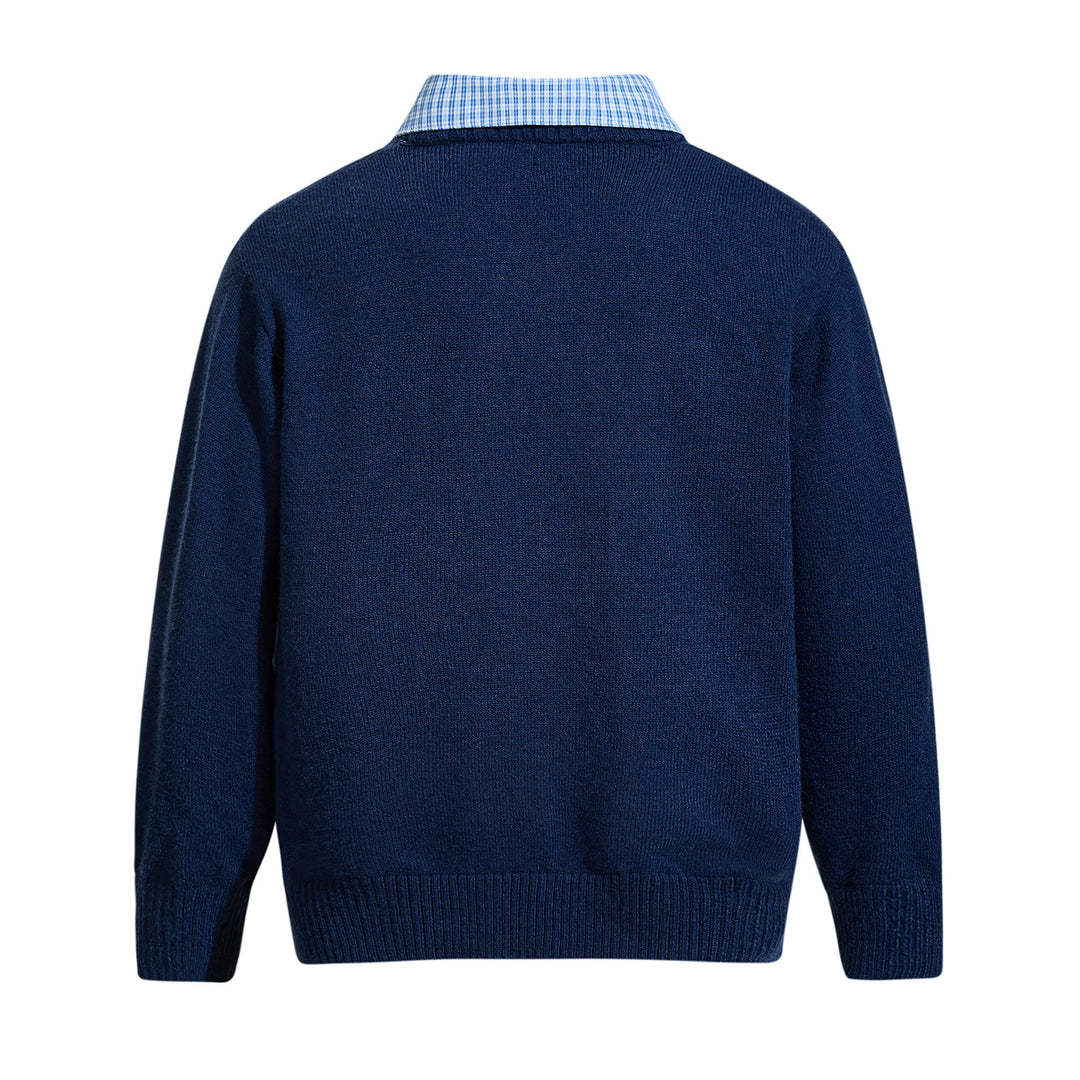 Men's round neck sweater with embroidered logo and layered shirt collar Mune Fashion