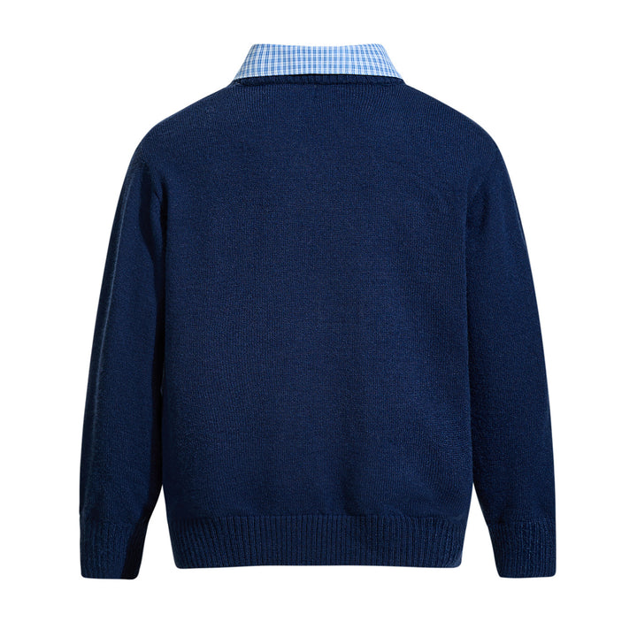 Men's round neck sweater with embroidered logo and layered shirt collar Mune Fashion