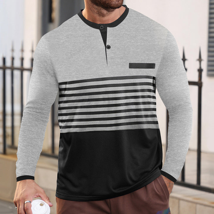 Men's modern long sleeve polo with Henley placket striped chest part and stand-up collar Mune Fashion