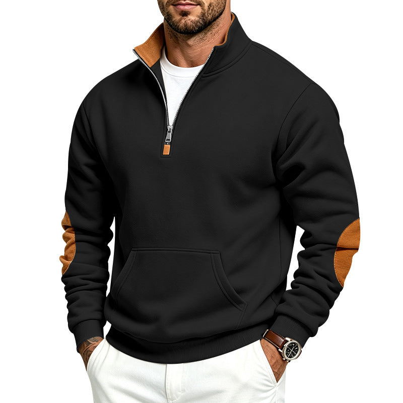 Men's Troyer sweater with half zip, kangaroo pocket, and elbow patches Mune Fashion