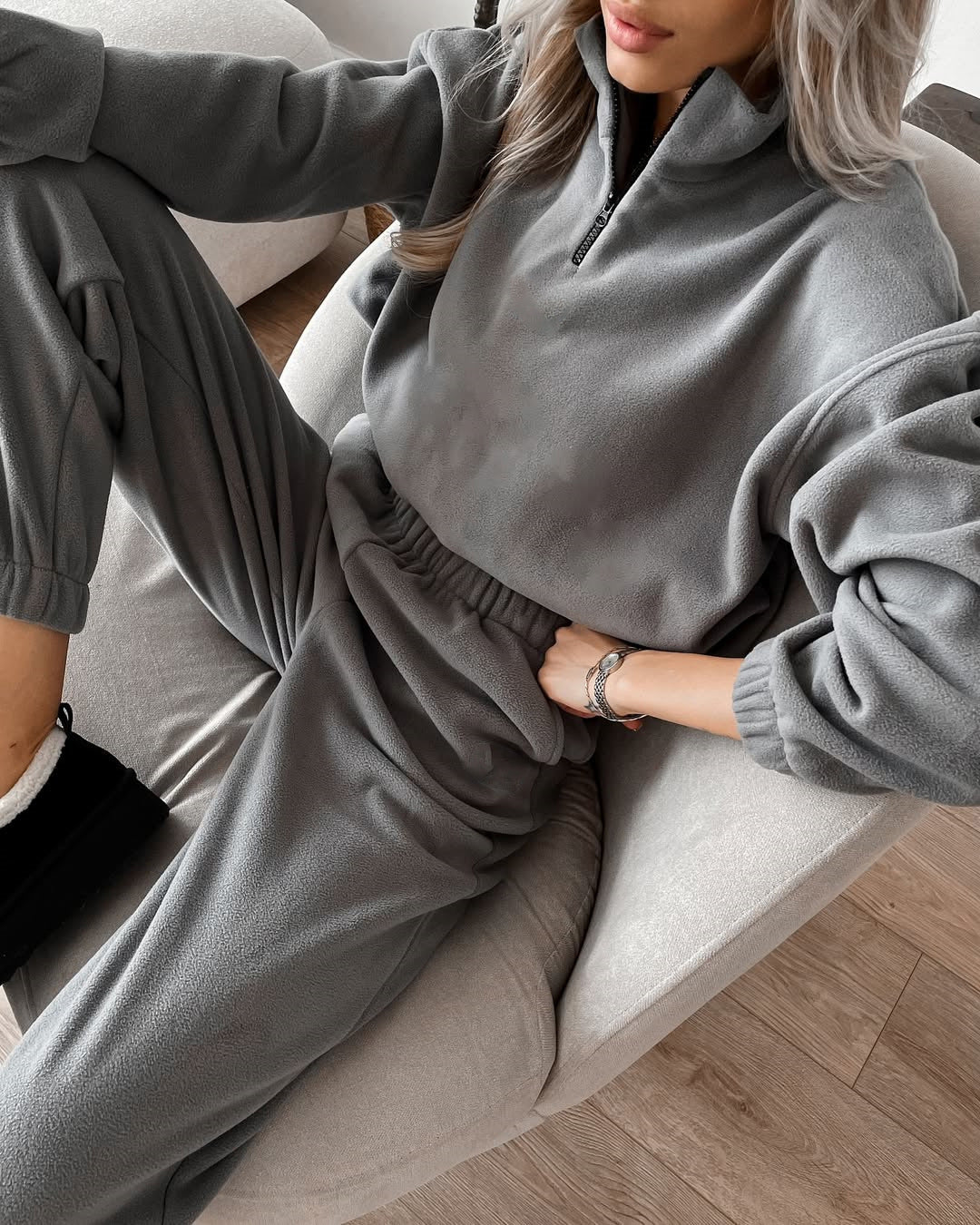 Women's Ultra-Soft Fleece Relax Set with Stand-Up Collar, Half Zipper and Elastic Slip Pants Mune Fashion