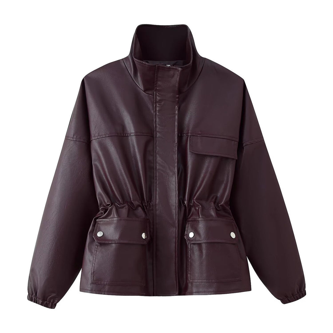 Women Faux Leather Parka with Stand Collar, Waist Drawstring, and Placket Pockets Mune Fashion