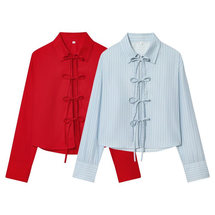 Ladies' shirt blouse with multiple bow details and boxy cropped silhouette Mune Fashion