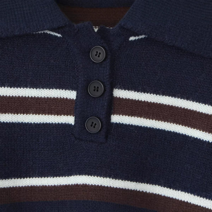 Women Striped Oversized Knit Sweater with Polo Collar and Ribbed Cuffs Mune Fashion