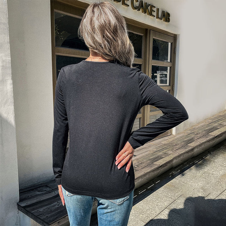 Ladies long-sleeve shirt with contrasting leopard panel and V-neck Mune Fashion