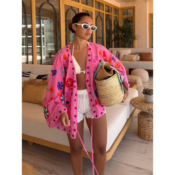 Ladies Embroidered Short Kimono with Oversized Sleeves and Colorful Boho Embroidery Mune Fashion