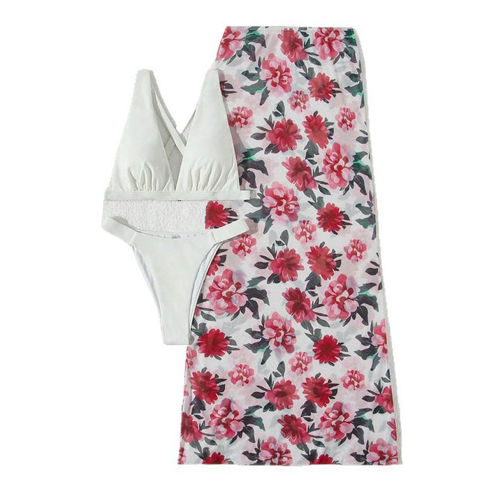 Ladies Two-Piece Bikini Set with Floral Print and Wrap Skirt Mune Fashion