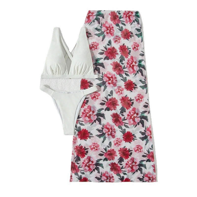Ladies Two-Piece Bikini Set with Floral Print and Wrap Skirt Mune Fashion