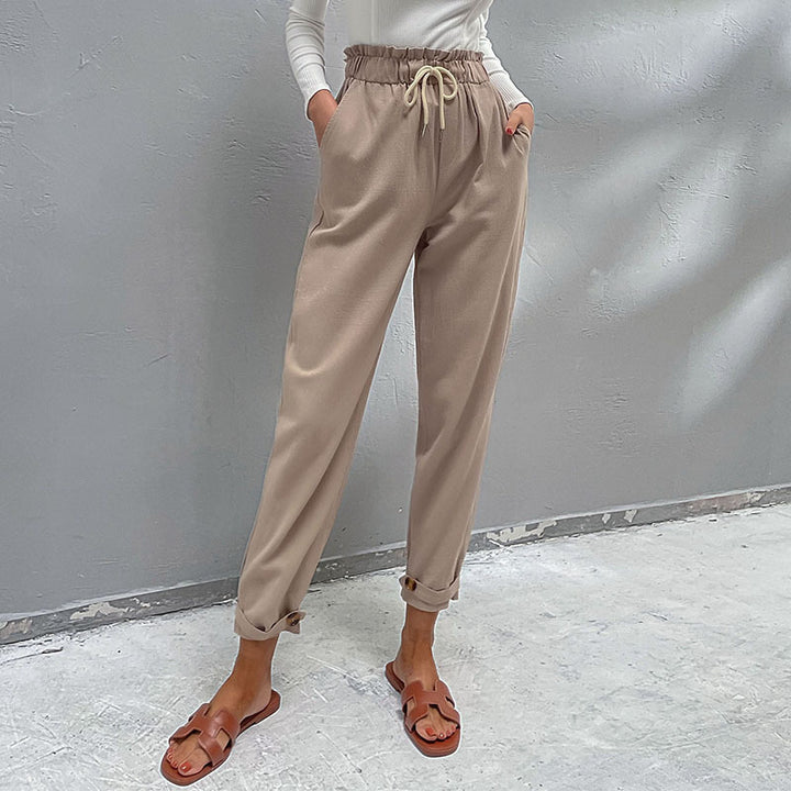 Women's Casual High-Waisted Pants with Drawstring, Side Pockets, and Tapered Leg Shape Mune Fashion