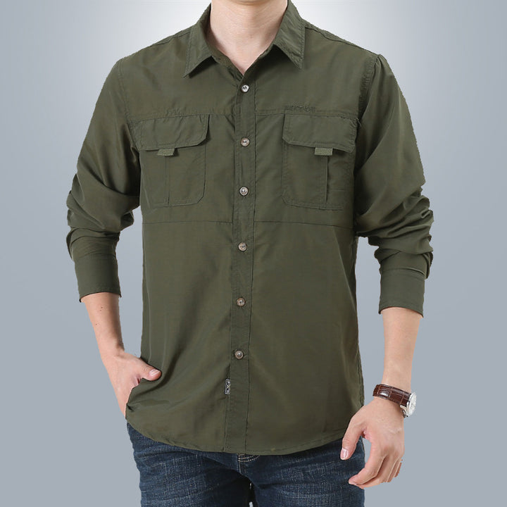 Men's lightweight utility long-sleeve shirt with double chest pockets and continuous button placket Mune Fashion