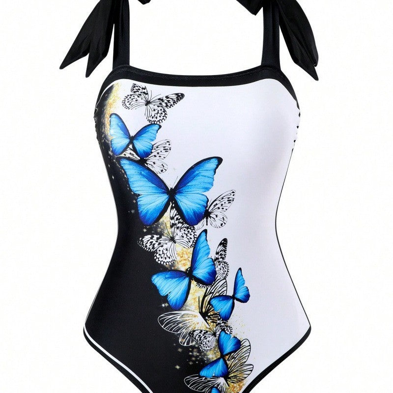 Women's One-Piece Swimsuit with Stylish Wrap Skirt and Butterfly Design Mune Fashion