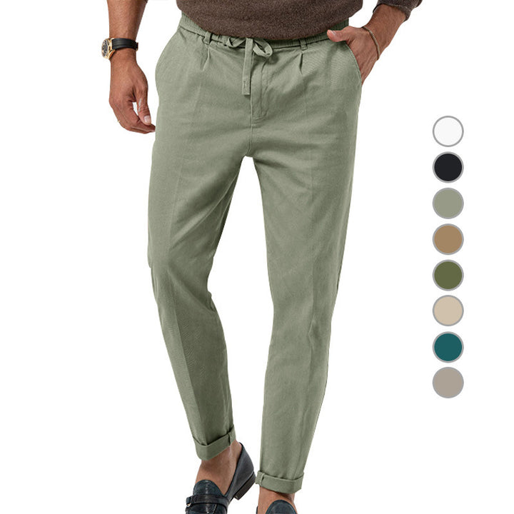 Men's Tapered Linen-Cotton Pants with Elastic Waistband, Drawstring and Cuffs Mune Fashion