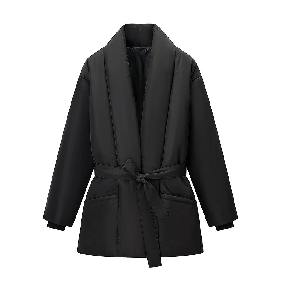 Women's nano quilted jacket with shawl collar, tie belt, and patch pockets Mune Fashion