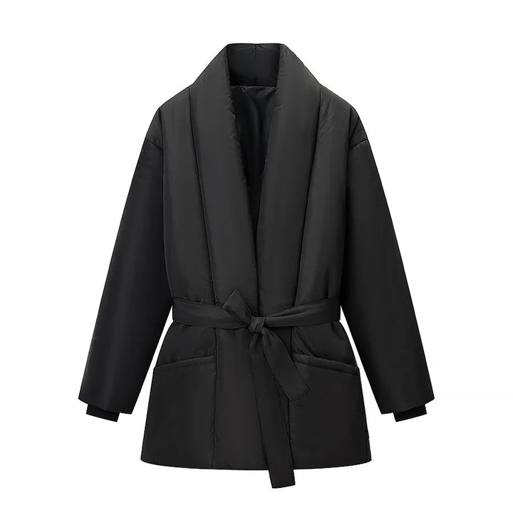 Women's nano quilted jacket with shawl collar, tie belt, and patch pockets Mune Fashion